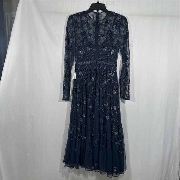 NEW $598 Mac Duggal [ 4‎ ] Beaded Floral Long Sleeve Midi Dress Navy Blue - Picture 9 of 13